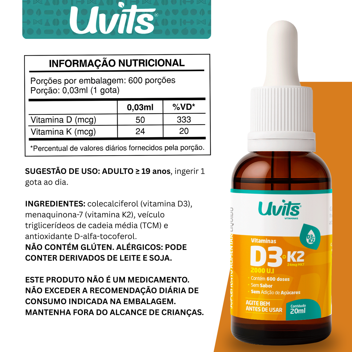 Vitamina D3 2000UI K2 MK7 24mcg - 600 Doses 20ml