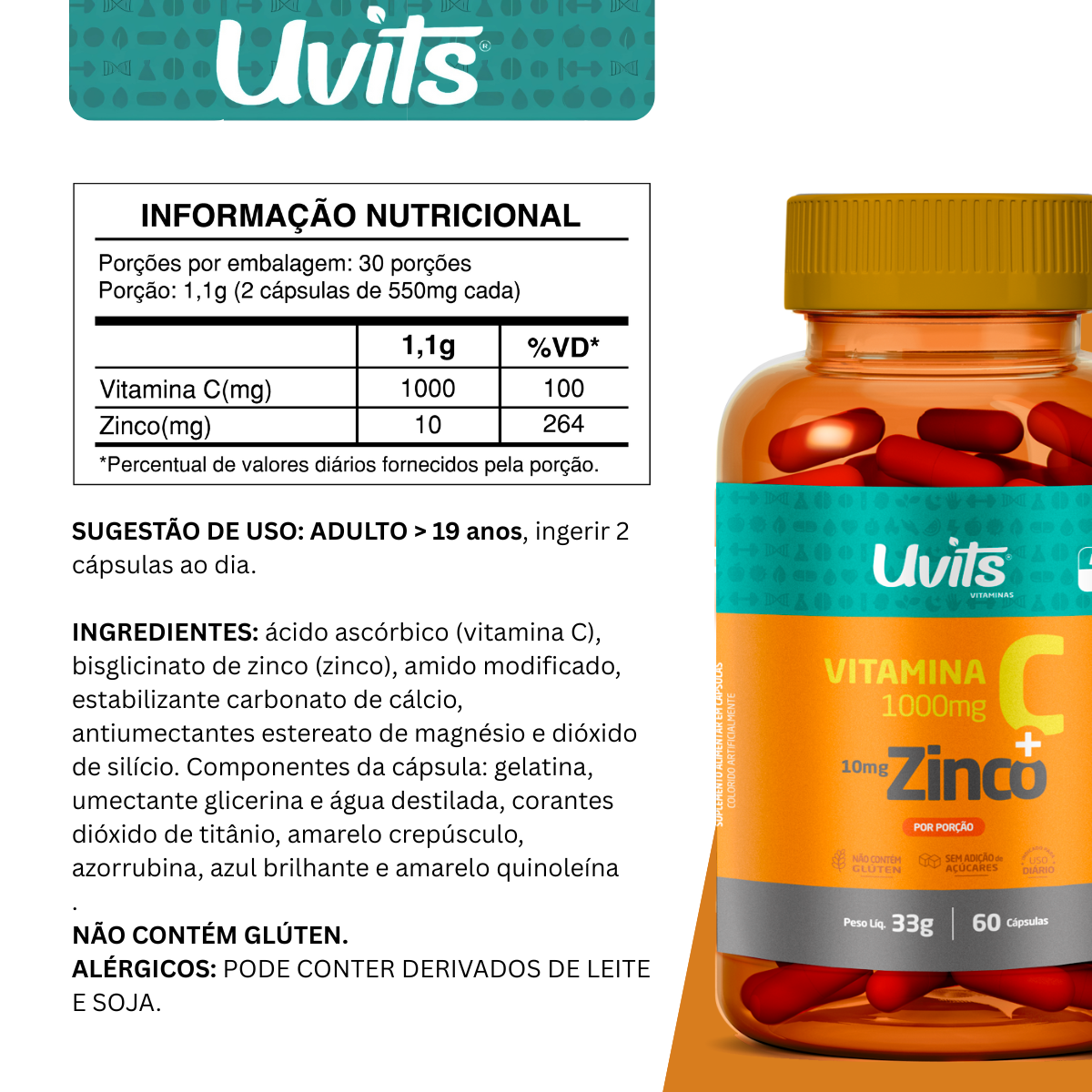 Vitamina C Zinco 60 Capsulas Uvits