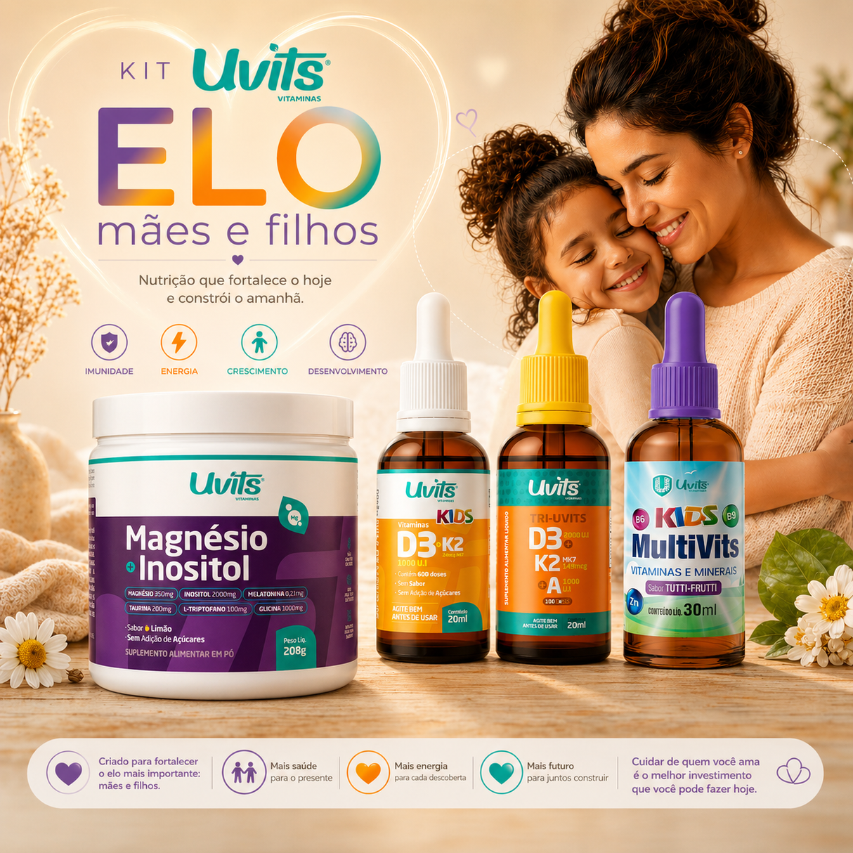 Kit Elo Mãe e Filhos - MultiVits Kids, Tri-Uvits, Magnésio Inositol