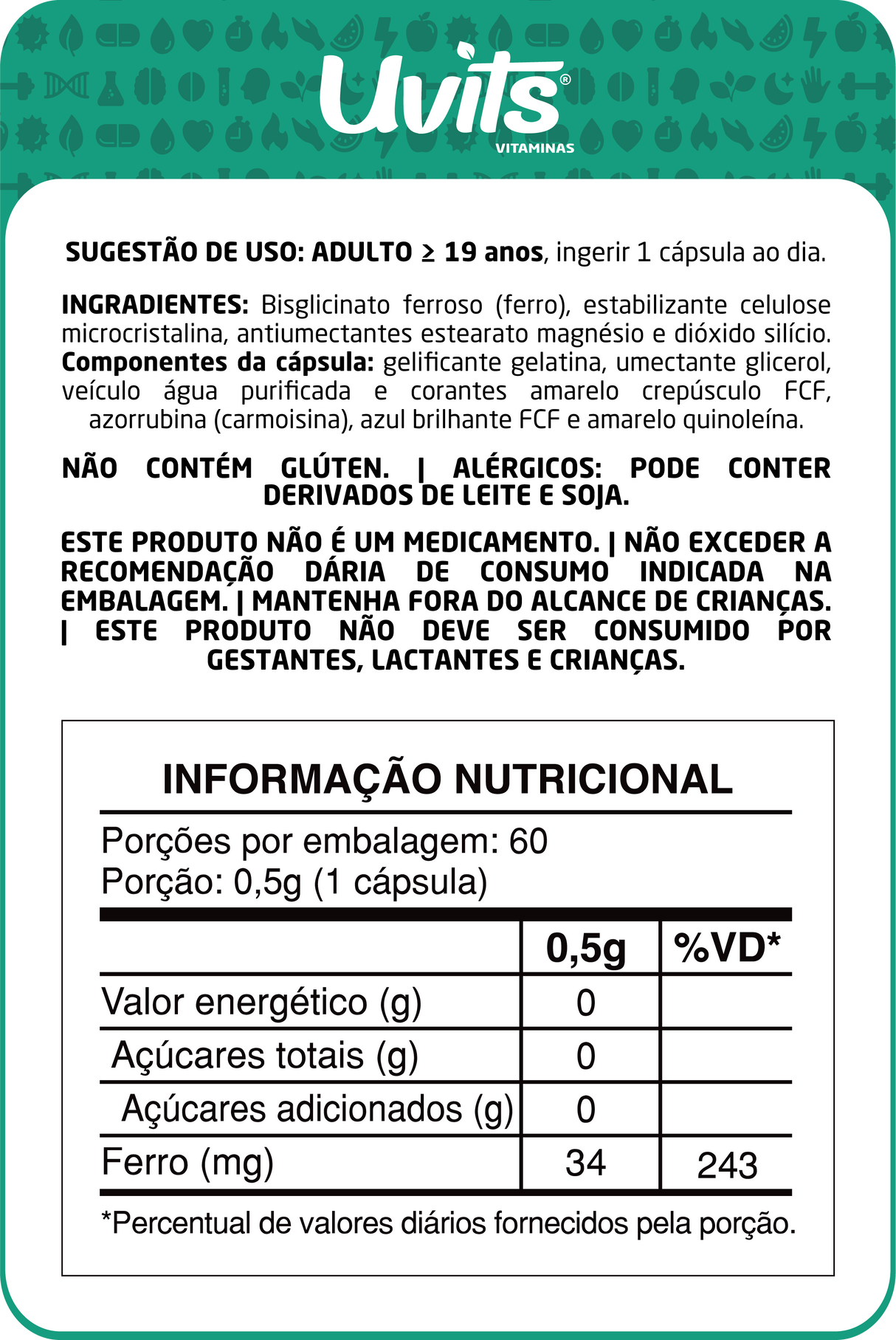 Ferro Bisglicinato 34mg 60 Cápsulas