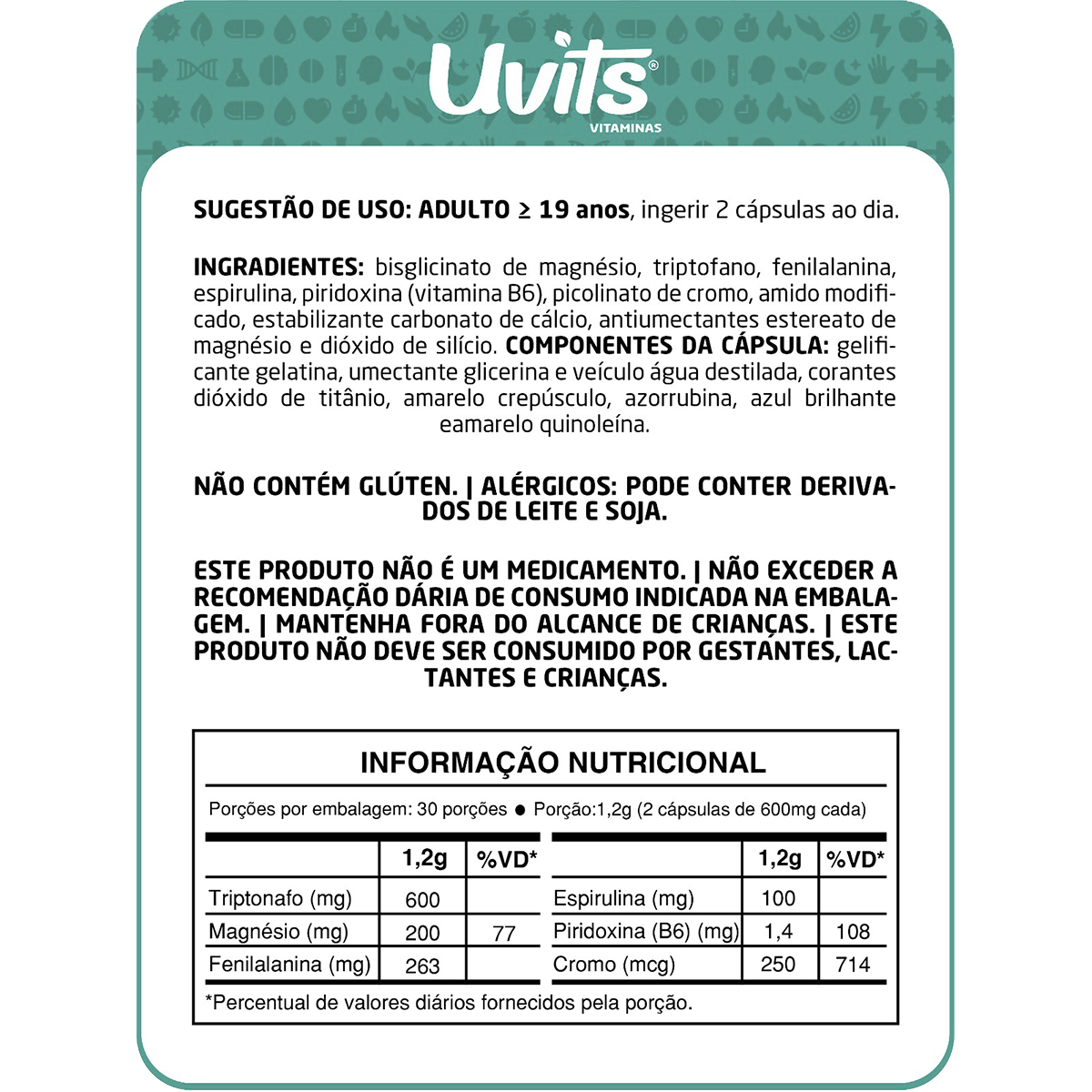 Triptofano + Picolinato de Cromo 60 Capsulas Uvits