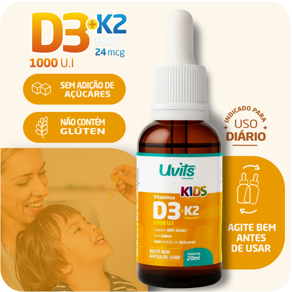 Vitamina D3 1000UI K2 MK7 24mcg Kids – 600 Doses 20ml