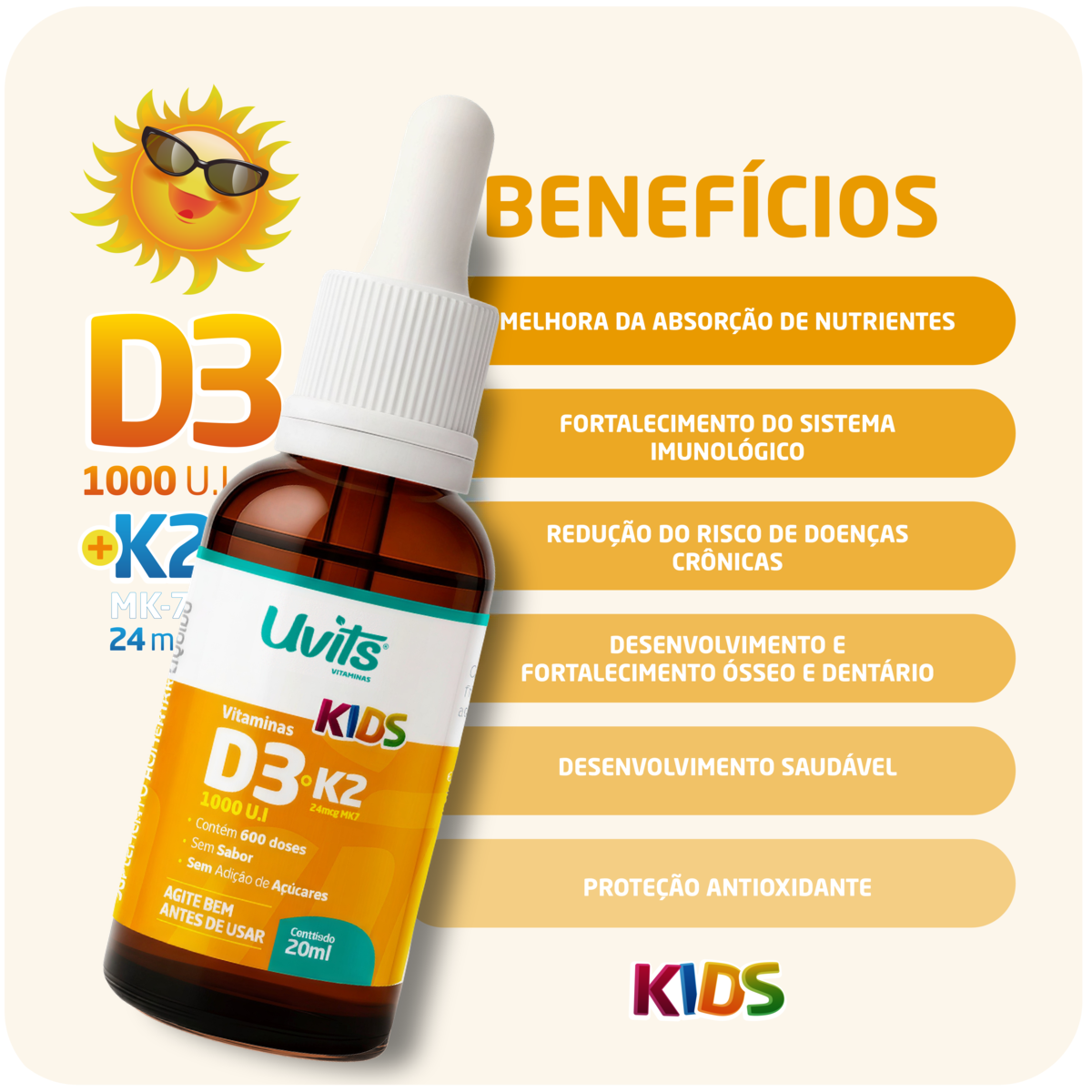Vitamina D3 1000UI K2 MK7 24mcg Kids – 600 Doses 20ml