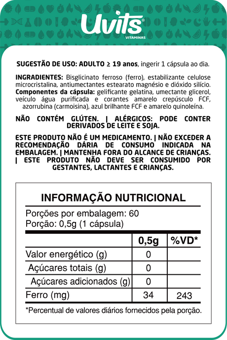 Ferro Bisglicinato 34mg 60 Cápsulas