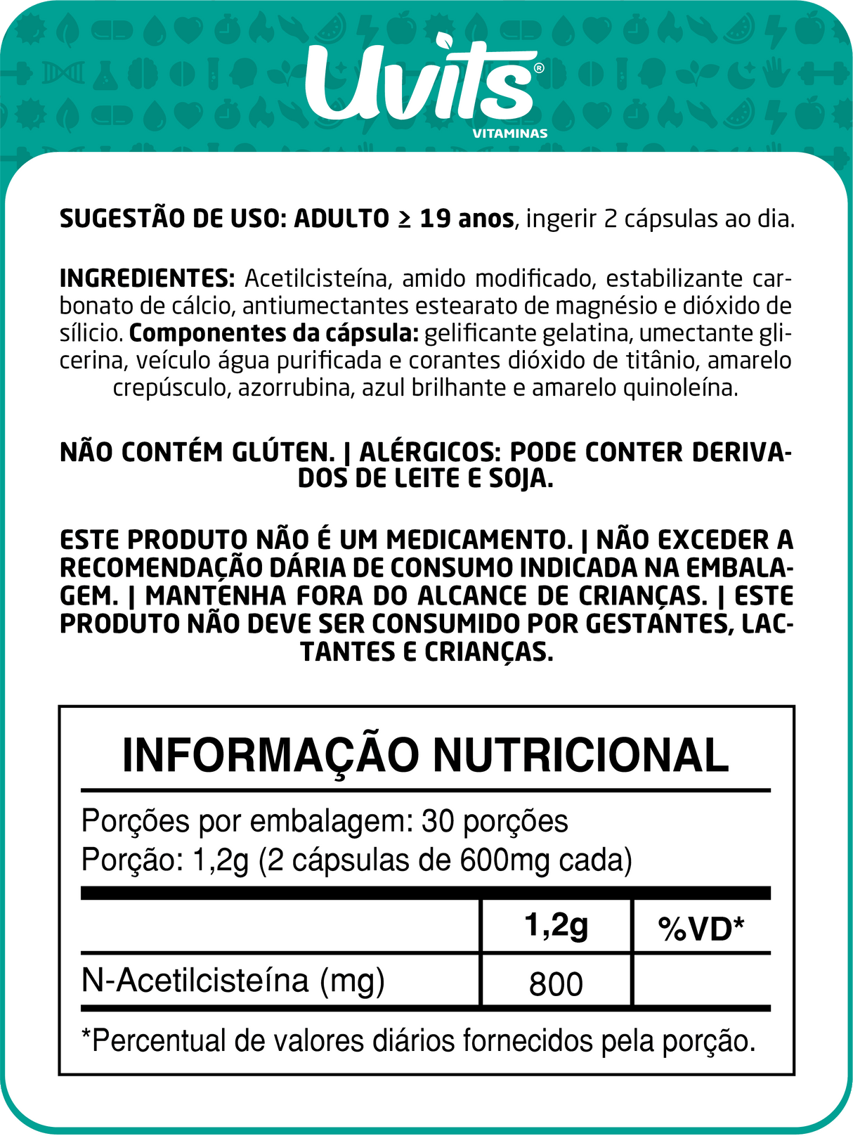 NAC - Aceltilcisteína 800mg 60 Cápsulas
