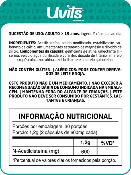 NAC - Acetilcisteina 600mg 60 Cápsulas